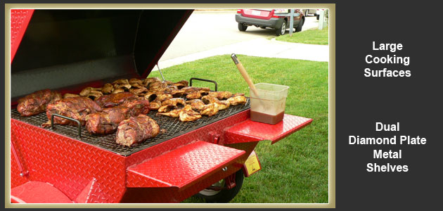 Large cooking surfaces and dual metal shelves.